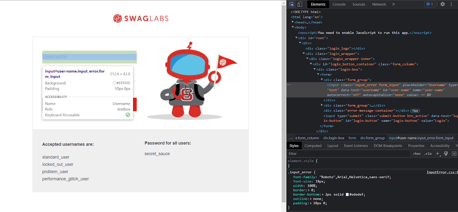 Swag Labs in Chrome Dev Tools