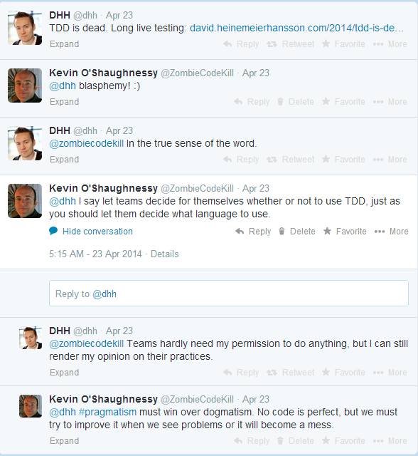 Tweets from DHH about test driven development